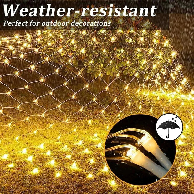 Weather-resistant net mesh solar fairy lights illuminating outdoor garden.
