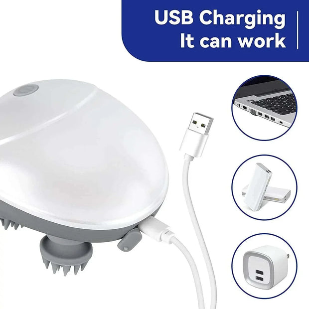 Electric Scalp Massager with USB charging capability, ergonomic design, and 3D massage heads.
