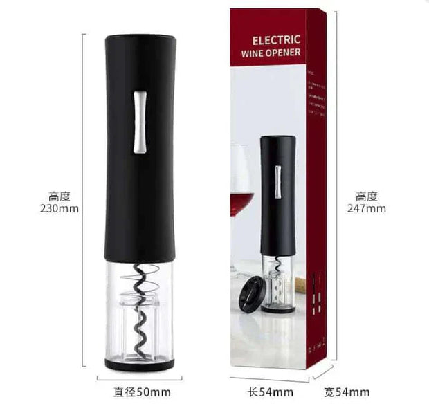 Automatic wine bottle opener with sleek design, ergonomic grip, and transparent screw cover displayed next to its packaging.