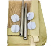 Dog Gate Fence in beige with mesh fabric, telescopic rods, and sticky hooks.
