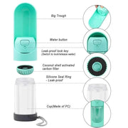 Portable Dog Drinker Bottle with integrated bowl, leak-proof lock, and carbon filter for travel hydration.