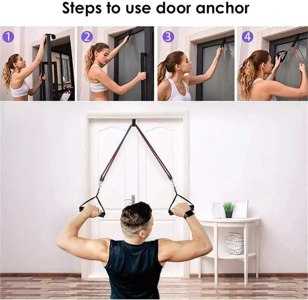 Steps to use fitness resistance bands with door anchor.