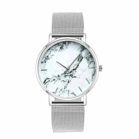 Rose gold mesh band marble watch with elegant marble face and alloy mesh strap.
