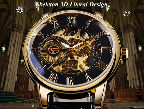 Men's luxury brand watch with skeleton 3D design in elegant setting.