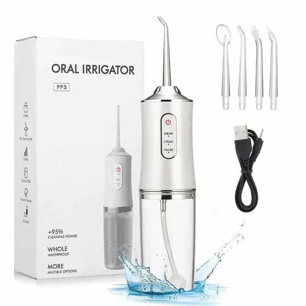 Waterproof Irrigator Dental Cleaner with three modes, four nozzles, and USB rechargeable functionality in white, displayed with packaging and accessories.