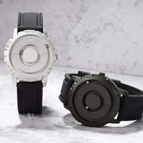 Magnetic Pointer Watch with innovative design and magnetic pointers, featuring a sleek black dial and versatile strap options.