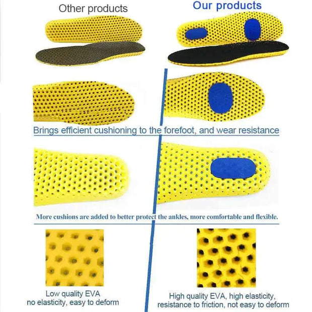 Honeycomb Mesh Sports Insoles comparison showing cushioning and wear resistance.