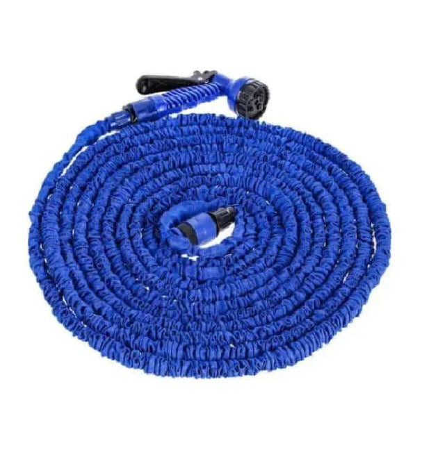 Blue flexible garden hose with spray nozzle, expandable design for easy use.