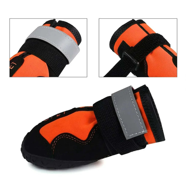 Waterproof reflective dog boots with adjustable straps and reflective strips for enhanced safety and comfort.