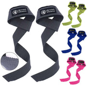 Variety of gym lifting straps in black, blue, green, and pink, designed for enhanced wrist support and grip during workouts.