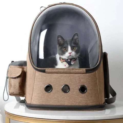 Space Capsule Cat Backpack with transparent bubble and breathable design for cats.