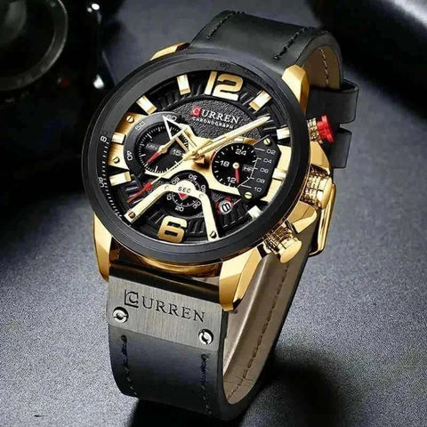 Military Leather Chronograph Watch with black leather strap, gold accents, and bold dial display.