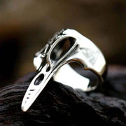 Gothic Ring with silver metal and black enamel finish on display.