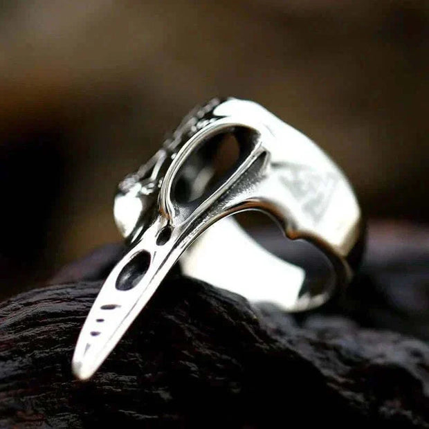 Gothic Ring with silver metal and black enamel finish on display.