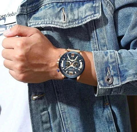 Military Leather Chronograph Watch on wrist, showcasing rugged elegance and functionality.