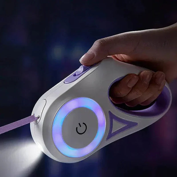 LED lights dog leash with easy-grip handle illuminating for nighttime walks.