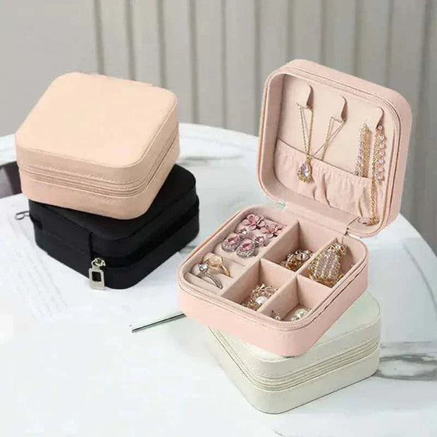Jewelry Zipper Box Storage with compartments for necklaces, earrings, bracelets, and rings, shown in compact design suitable for travel.