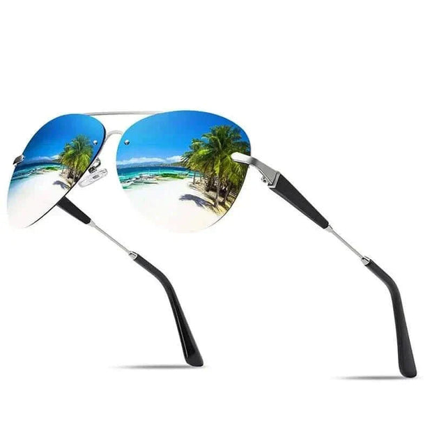 Mens Luxury Brand Sunglasses with polarized lenses reflecting a tropical beach scene, offering a blend of style and UV protection.