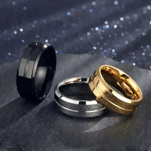 Gold electroplated ring with geometric design and titanium steel material, offering a sophisticated and modern style.