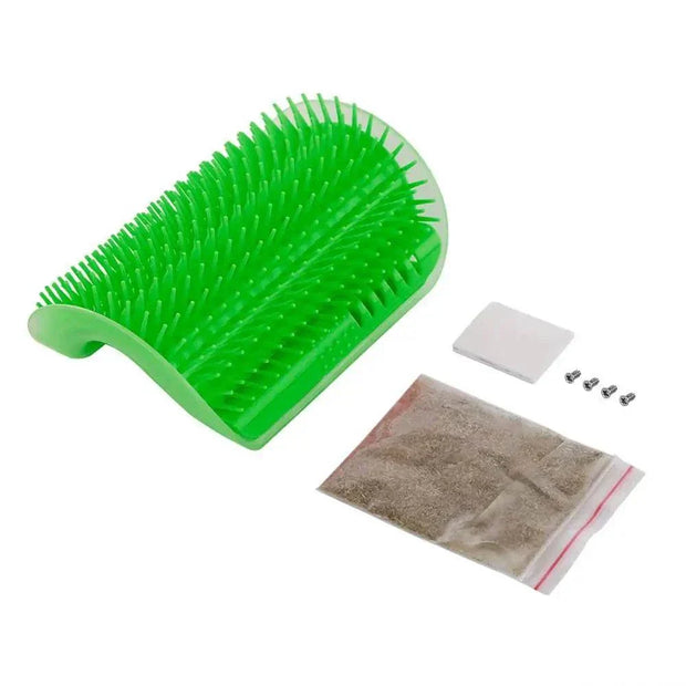 Green cat corner groomer brush with installation components, promotes self-grooming and reduces shedding.