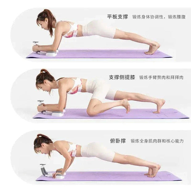 Woman using Timing Shelf Fitness Trainer for various strength exercises, emphasizing core and muscle engagement.