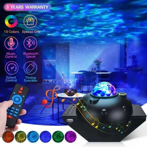 Northern Lights Star Projector with Bluetooth control and colorful aurora display.