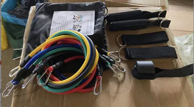 Fitness resistance bands set with color-coded bands, handles, and travel pouch for home workouts.