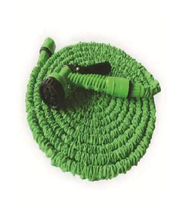 Flexible garden hose coiled with green connectors, lightweight and expandable for easy gardening use.