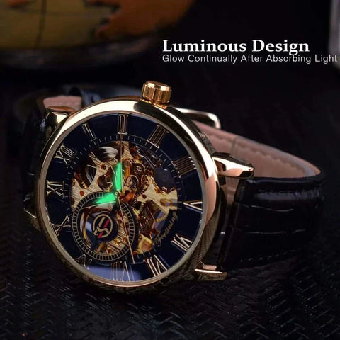 Men's luxury brand watch with luminous design and intricate dial on black strap.
