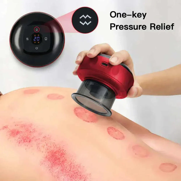 Anti-Cellulite Therapy Massager in use on skin, highlighting one-key pressure relief feature.