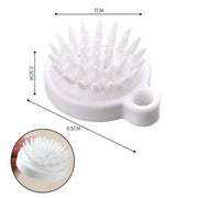Soft silicone dog brush with built-in shampoo dispenser, ideal for sensitive skin and easy grooming.
