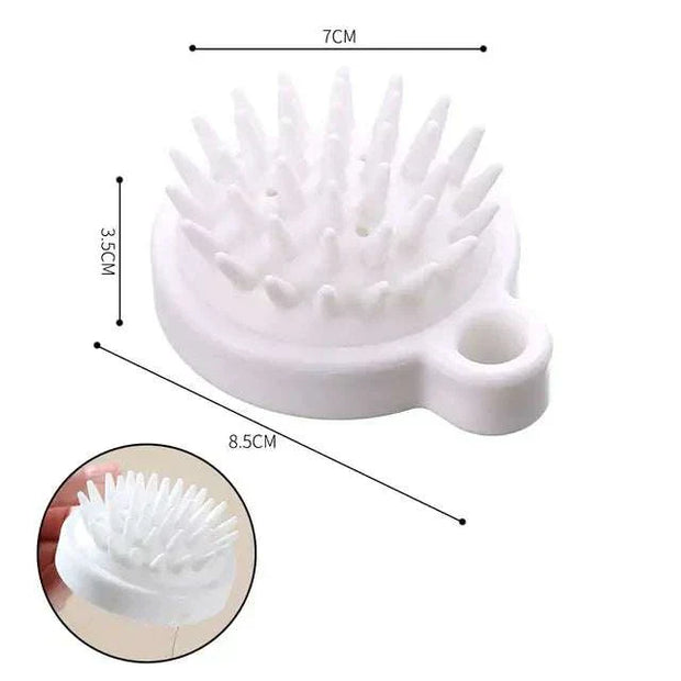 Soft silicone dog brush with built-in shampoo dispenser, ideal for sensitive skin and easy grooming.
