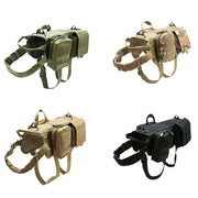 Tactical Military Dog Harness in multiple colors; durable nylon material; adjustable fit; suitable for all seasons.