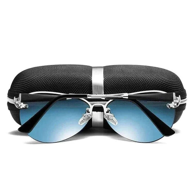 Mens Luxury Brand Sunglasses with polarized lenses and black case.