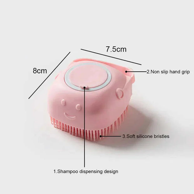 Soft Silicone Dog Brush with shampoo dispensing design and non-slip grip.