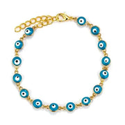 Gold-plated charm bracelet with blue evil eye beads, featuring a secure clasp for personalization.