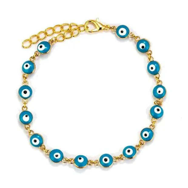 Gold-plated charm bracelet with blue evil eye beads, featuring a secure clasp for personalization.