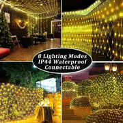 Net mesh solar fairy lights illuminating outdoor spaces in various settings with 8 lighting modes and IP44 waterproof feature.