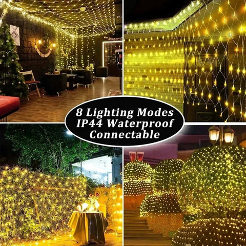 Net mesh solar fairy lights illuminating outdoor spaces in various settings with 8 lighting modes and IP44 waterproof feature.