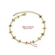 Gold charm bracelet with colorful flower-shaped charms, adjustable inner perimeter, secure clasp.