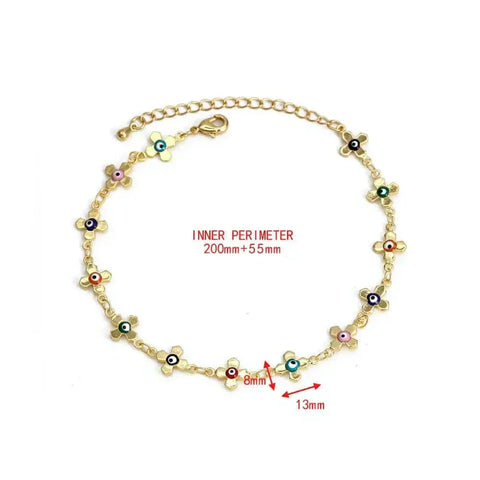 Gold charm bracelet with colorful flower-shaped charms, adjustable inner perimeter, secure clasp.