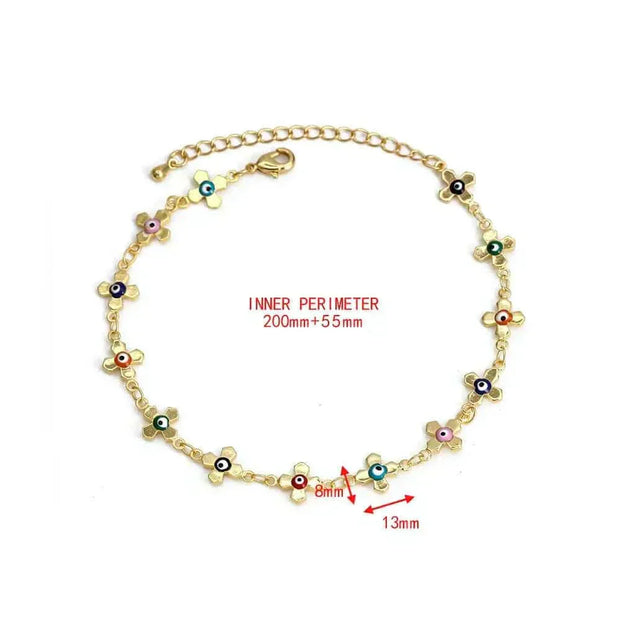 Gold charm bracelet with colorful flower-shaped charms, adjustable inner perimeter, secure clasp.
