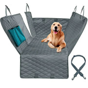 Dog car seat cover with golden retriever, water-repellent material, adjustable seat anchors, includes seat belt.