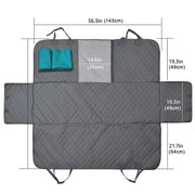 Dog car seat cover in gray with adjustable seat anchors, quilted design, size 143cm by 152cm, for safe and clean travel.