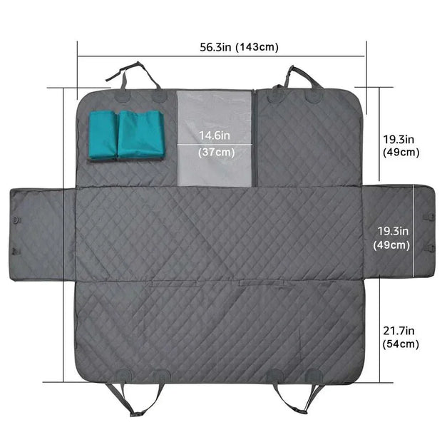 Dog car seat cover in gray with adjustable seat anchors, quilted design, size 143cm by 152cm, for safe and clean travel.