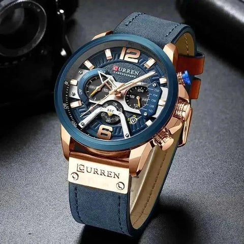 Military Leather Chronograph Watch with bold dial and robust leather strap.