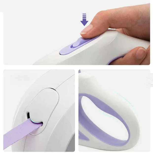 LED lights dog leash with easy-grip handle and automatic extension system.