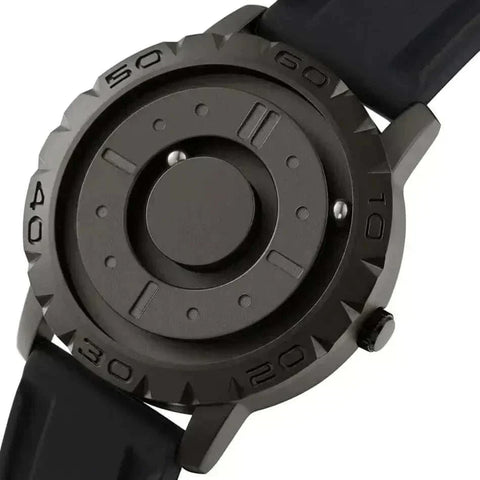 Magnetic Pointer Watch with black sleek dial and rubber strap.