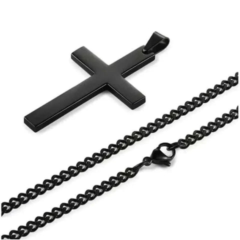 Elegant cross necklace with black pendant and chain, symbolizing faith and devotion.