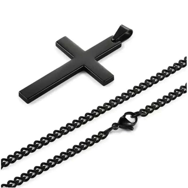 Elegant cross necklace with black pendant and chain, symbolizing faith and devotion.